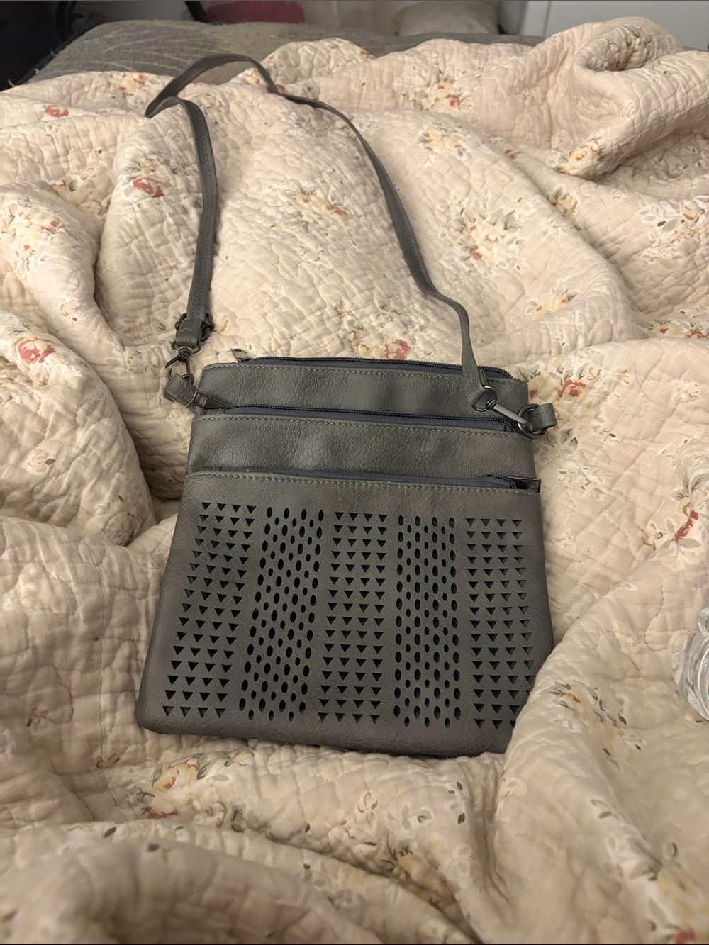 Crossbody Shoulder Bag - Gray Perforated Design